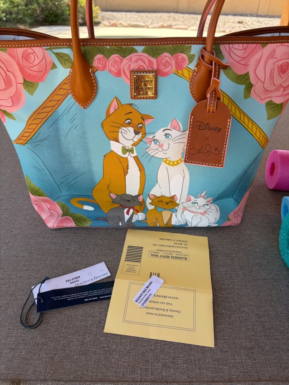 Dooney & Bourke Blue Disney The Aristocats Tote with Pink Roses and Tan Trim - Picture 4 of 5
